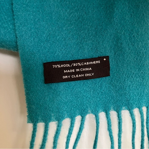 COACH 70% Wool 30% Cashmere Blend Teal Aqua Fringe Long Winter Scarf Wrap OS - Picture 6 of 7
